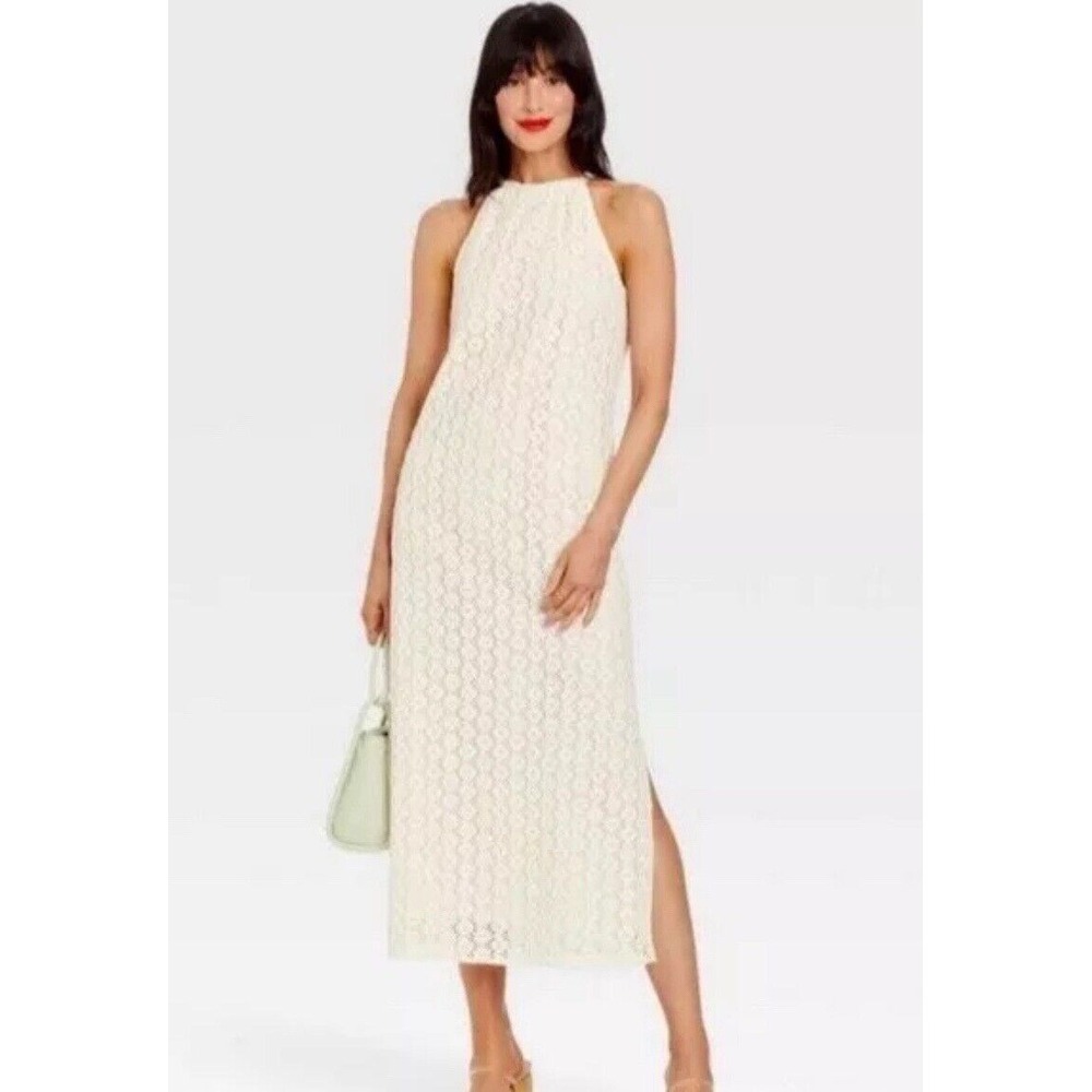 A New Day Maxi Dress Womens Large White Crochet Halter Side‎ Slit NWT